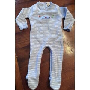 Vintage Baby Boy Blue Sweater Footed Romper Embroidered Train 0-3 Months